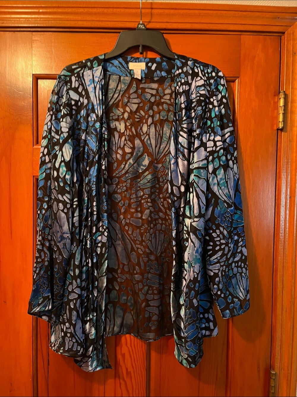 Chico's Sheer Open Kimono with Blue Teal Print on Black
